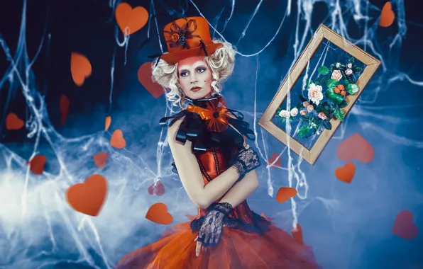 Picture girl, flowers, web, picture, hat, frame, dress, blonde, outfit, hearts, curls, bows, mitts