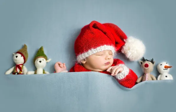 Picture mood, toys, sleep, baby, New year, Santa, child, gnome, a sleeping baby