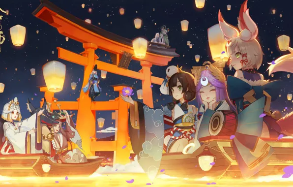 Picture night, anime, art, lanterns, characters, Onmyouji