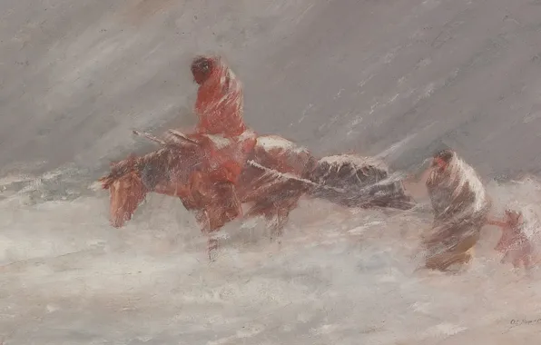 Picture water, horse, wagon, Oscar Edmund Berninghaus, Snow Storm