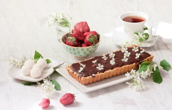 Picture berries, tea, chocolate, strawberry, candy, pie, cakes, Jasmine, Raffaello