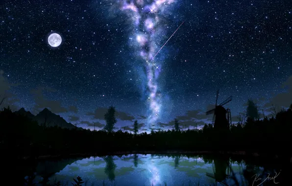 Picture the sky, lake, the moon, mill, the milky way