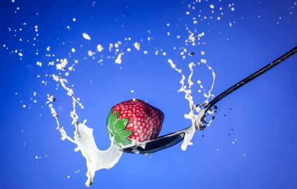 Picture squirt, milk, strawberry, berry, spoon