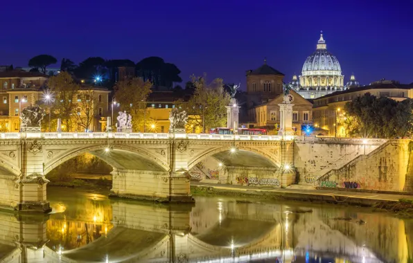Picture night, bridge, lights, river, Rome, Italy, St. Peter's Cathedral, The Tiber
