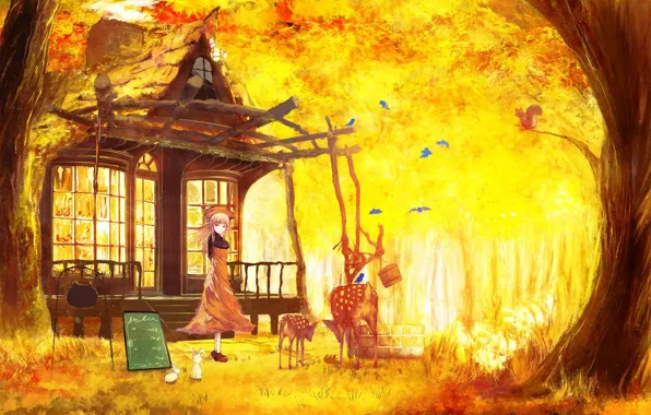 Picture tale, protein, well, girl, rabbits, birds, deer, veranda, the edge of the forest, Golden autumn, …