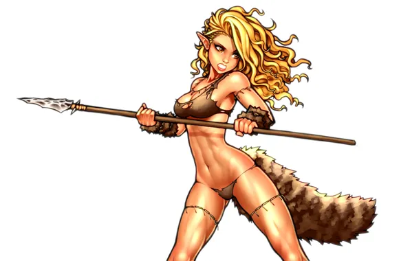 Picture chest, look, girl, feet, hair, elf, body, blonde, tail, spear, ears