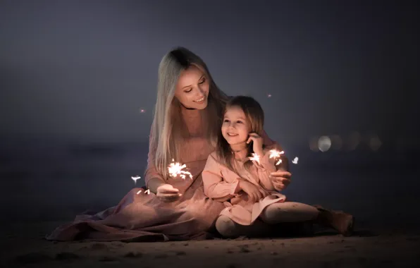 Picture background, mood, girl, sparklers, mother and daughter