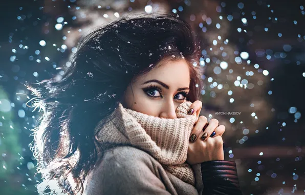 Picture winter, eyes, look, girl, snow, sweater