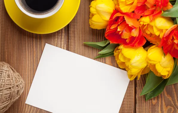 Picture coffee, bouquet, colorful, tulips, yellow, flowers, cup, tulips, coffee