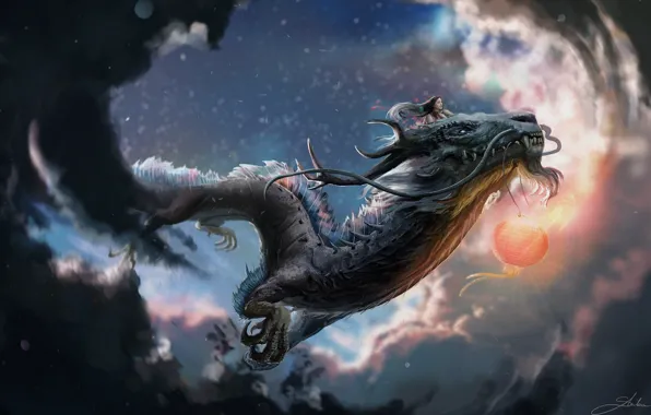 Picture flight, dragon, girl, claws, horns, flying, mustache beard, cloudy sky, red lantern