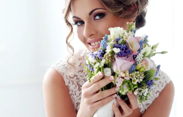 Picture girl, smile, bouquet, makeup, hairstyle, the bride