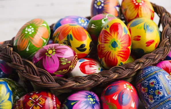 Picture basket, spring, colorful, Easter, wood, spring, Easter, eggs, decoration, Happy, busket, the painted eggs