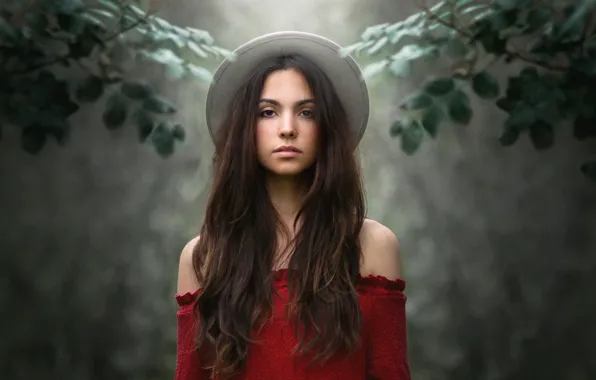 Picture look, girl, branches, background, mood, hat, long hair