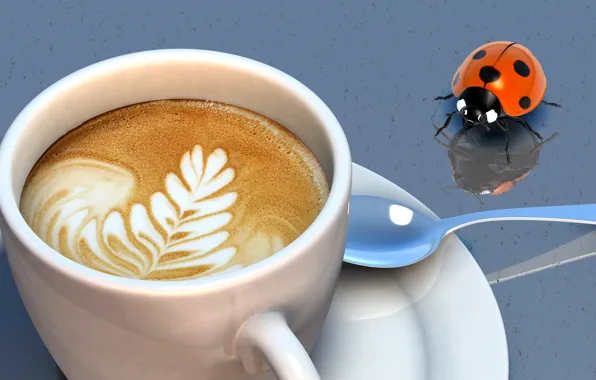 Picture ladybug, coffee, spoon, Cup, foam