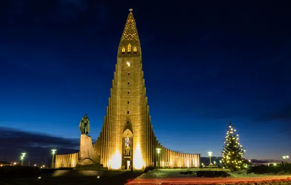 Picture night, lights, Church, Iceland, Reykjavik