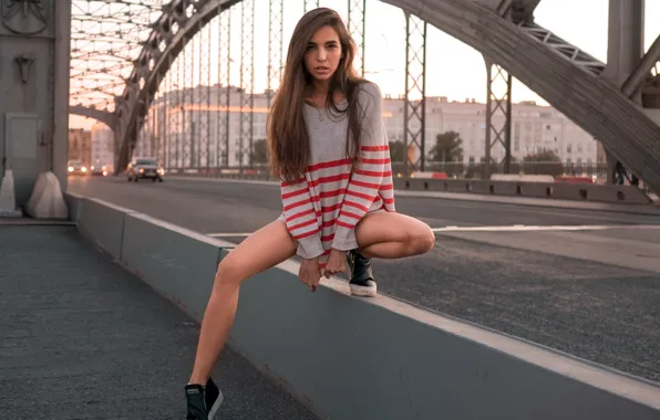 Picture road, bridge, the city, sexy, pose, model, sneakers, portrait, makeup, border, hairstyle, brown hair, legs, …