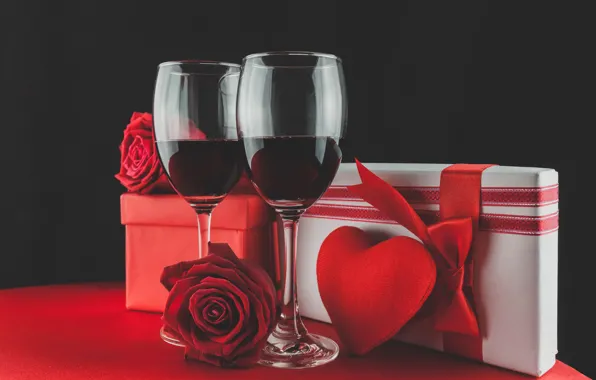 Picture wine, glasses, red, love, romantic, hearts, valentine's day, gift, roses, red roses
