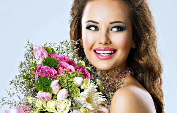 Picture flowers, smile, background, portrait, bouquet, makeup, hairstyle, brown hair, beauty