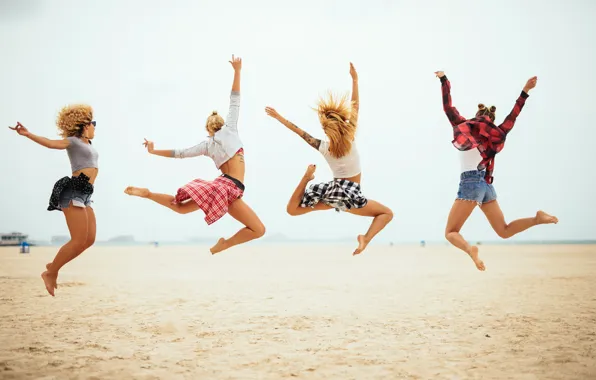 Picture sand, sea, beach, girls, shorts, barefoot, hairstyles, poses, t-shirt, jump, skirts, happy, have fun