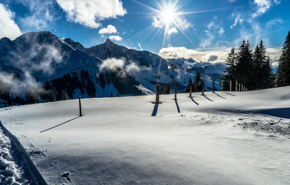 Picture winter, the sun, snow, mountains, Switzerland, Switzerland, Thuner See