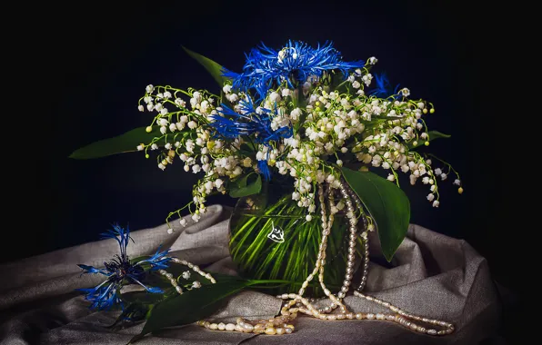 Picture flowers, bouquet, beads, vase, lilies of the valley, cornflowers