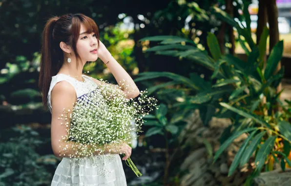 Picture girl, flowers, bouquet, dress, Asian