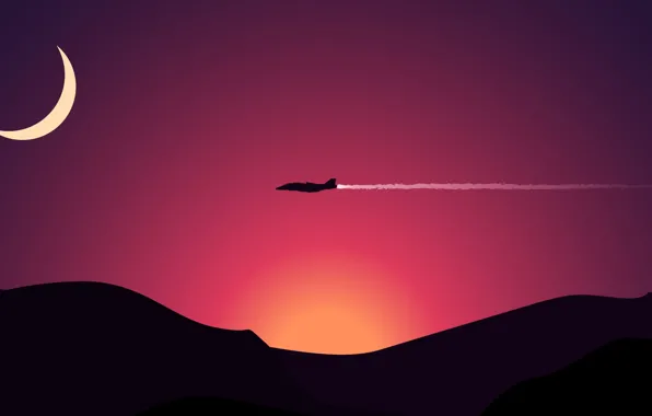 Picture Sunset, Mountains, The plane, Silhouette, Hills, A month