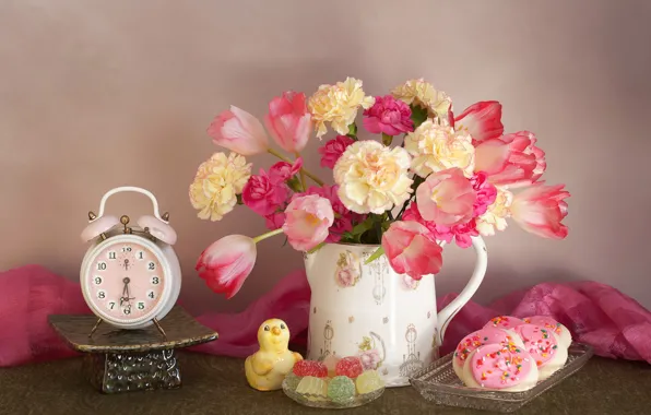 Picture flowers, watch, cookies, tulips, cakes, marmalade