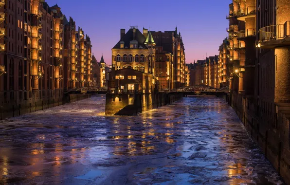Picture water, lights, river, home, ice, the evening, Germany, channel, bridges, Hamburg