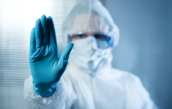 Picture laboratory, latex gloves, biological suit