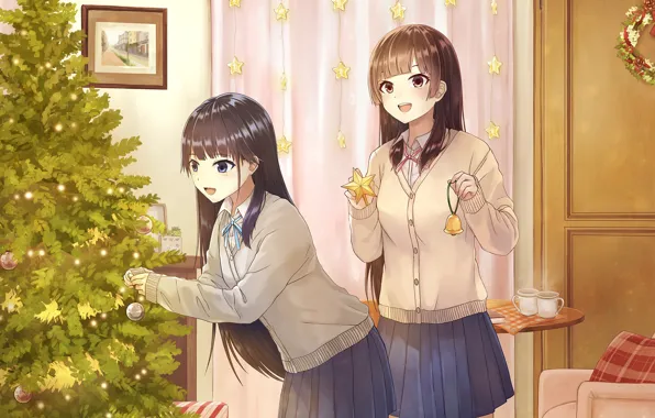 Picture Girls, New year, Anime, Art, Tree