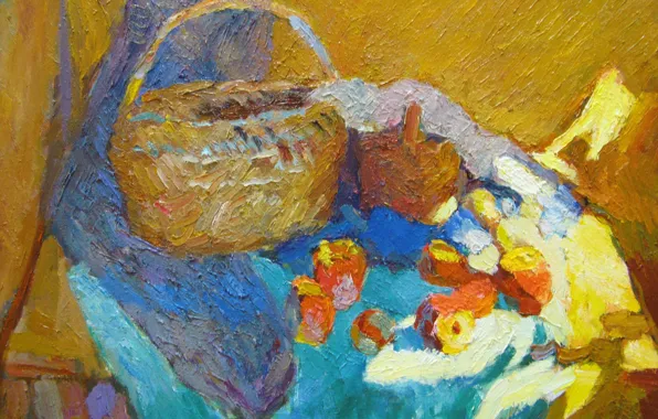 Picture table, basket, apples, still life, 2005, The petyaev, blue fabric