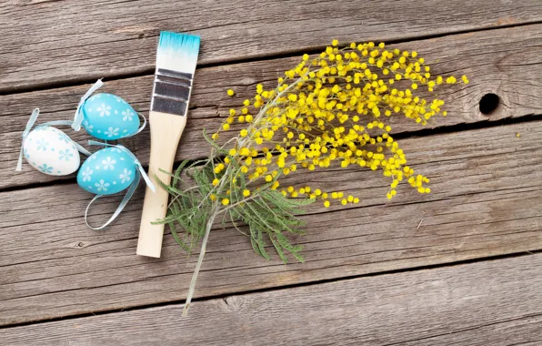Picture flowers, Easter, wood, spring, Easter, eggs, decoration, Happy, Mimosa