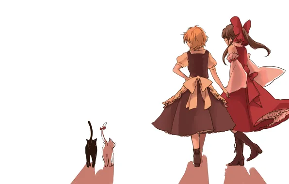Picture shadow, boots, white background, bow, back, art, friend, Hakurei Reimu, Touhou Project, Marisa Kirisame, Project …