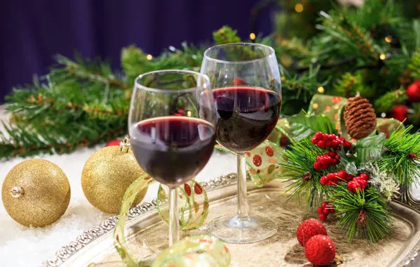 Picture berries, holiday, wine, balls, new year, spruce, glasses, tape, decoration, decor