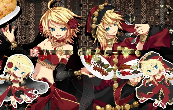 Picture girl, flowers, food, guy, two, Vocaloid, Vocaloid, spoon, Kagamine Len, Kagamine Rin