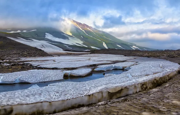Picture water, clouds, snow, mountains, stream, stones, ice, valley, Russia, Kamchatka