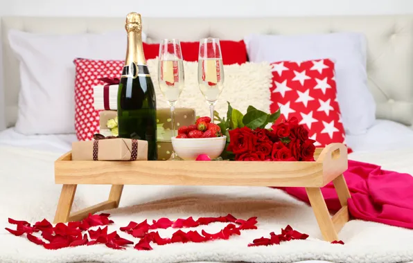 Picture roses, petals, glasses, strawberry, gifts, champagne, Roses, Strawberry, Champagne