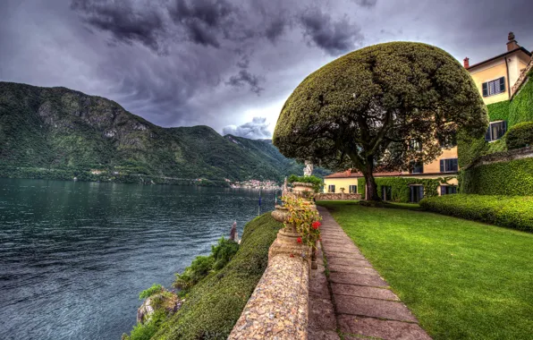 Picture clouds, mountains, design, lake, house, tree, lawn, HDR, Italy, promenade, the parapet, Lenno