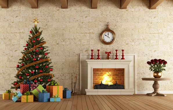 Picture rendering, roses, Watch, New Year, Board, Tree, Fireplace, Interior, Gifts
