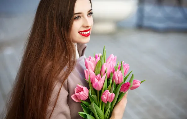 Picture flowers, smile, portrait, bouquet, makeup, hairstyle, tulips, brown hair, pink, beauty, coat, bokeh
