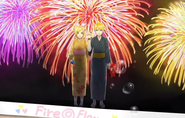 Picture girl, holiday, salute, guy, two, Vocaloid, Vocaloid, festival, Kagamine Len, Kagamine Rin