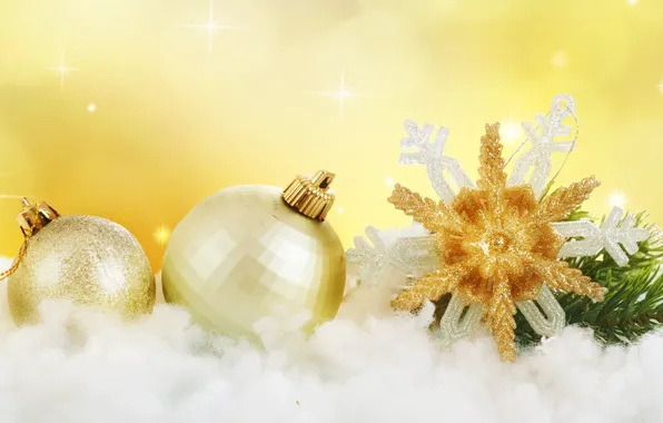 Picture snow, gold, holiday, balls, new year, snowflake
