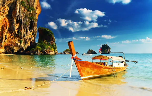 Picture sand, sea, beach, the sky, the sun, clouds, tropics, rocks, boat, horizon, Thailand, Phranang Cave …