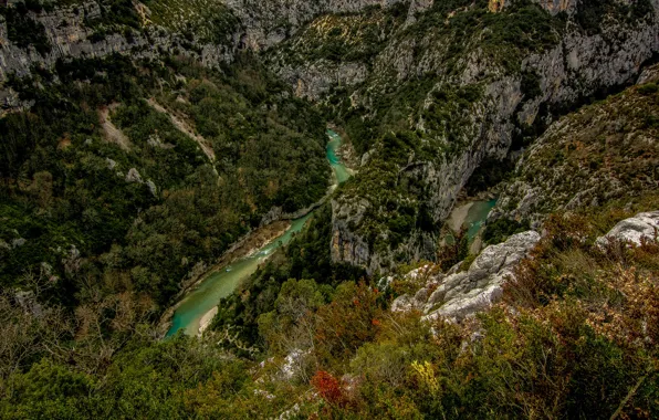 Picture trees, mountains, river, stones, rocks, France, Alps, canyon, abyss, the view from the top, Soleils