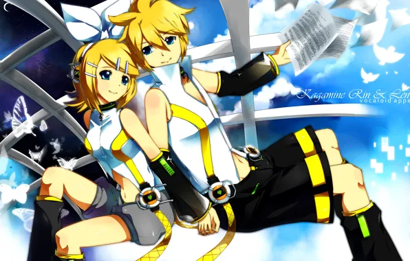 Picture butterfly, children, notes, anime, art, two, Vocaloid, Vocaloid, Kagamine Len, Kagamine Rin