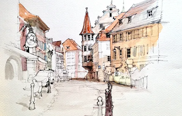 Picture the city, figure, France, home, watercolor, Colmar