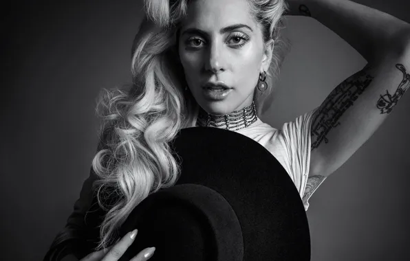 Picture pose, background, hat, makeup, dress, tattoo, hairstyle, blonde, black and white, singer, Lady Gaga, Lady …