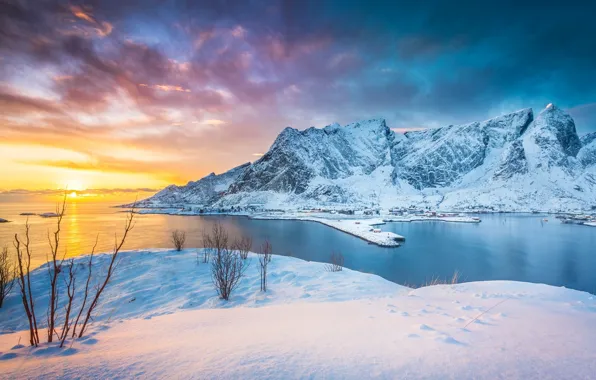 Picture winter, sunset, mountains, lake, Norway, Norway, Lofoten Islands, Stefano Termanini