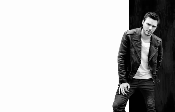 Picture jeans, jacket, t-shirt, actor, white background, black and white, photoshoot, kozhanka, Nicholas Hoult, 2015, Nicholas …